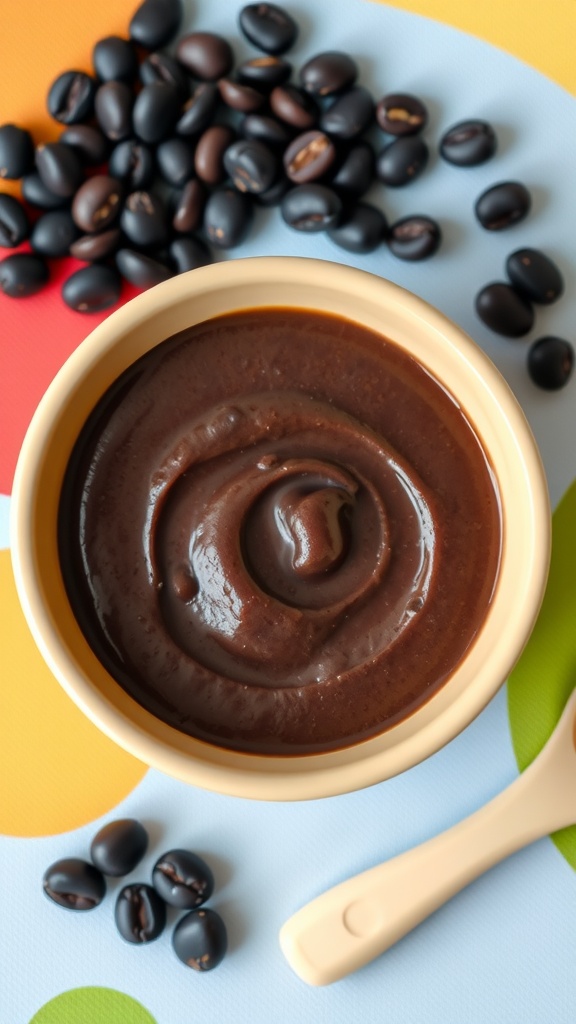 A bowl of black bean puree for infants, with beans around it and a soft spoon.